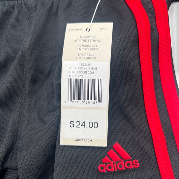Adidas Boys 2T Shorts Black Red 3 Stripe Athletic Public Supply Cargo 2-Piece - Picture 3 of 4
